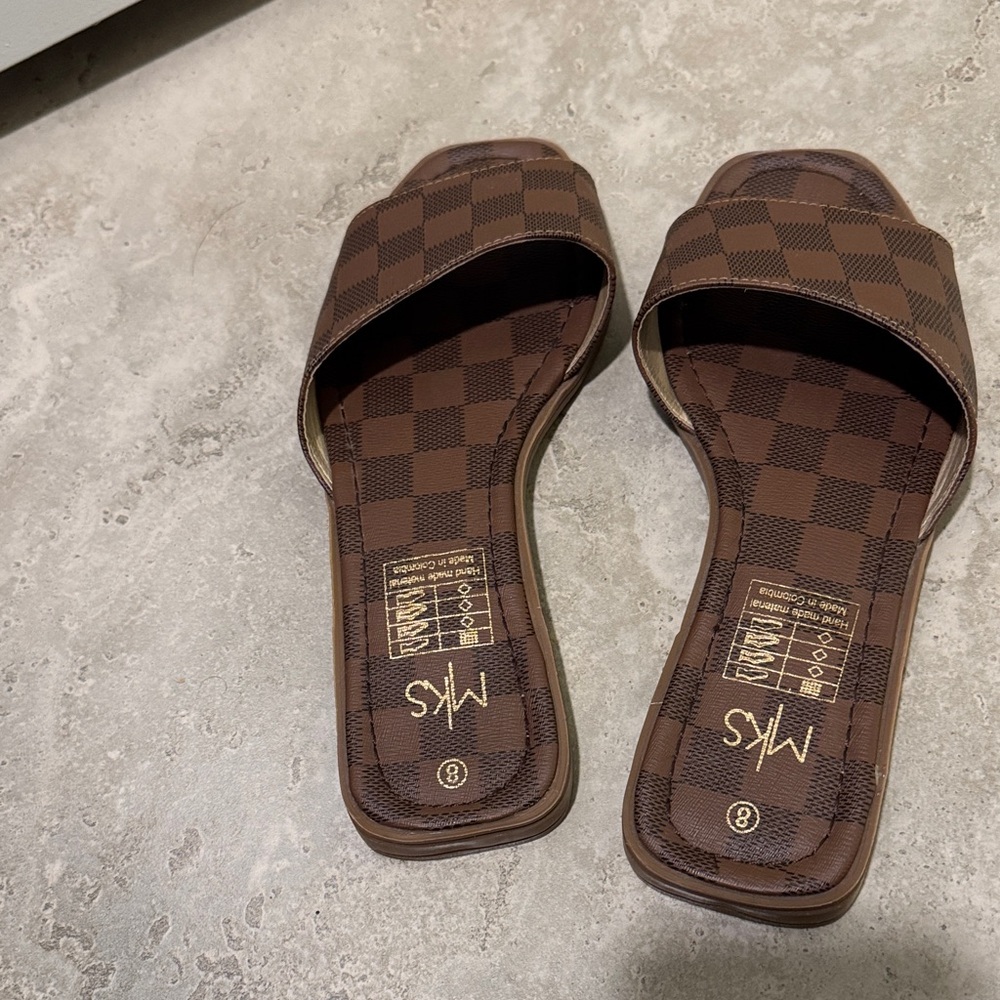 Michael Kors Brown Checkered Slide Sandals